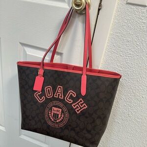 Coach Brown Signature Tote with Pink Trim and Handles